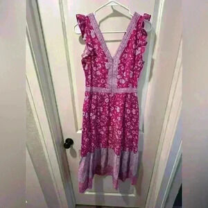 LOFT Size 0 maxi dress Flutter Sleeve Tiered Ruffle Border Pink Purple Floral